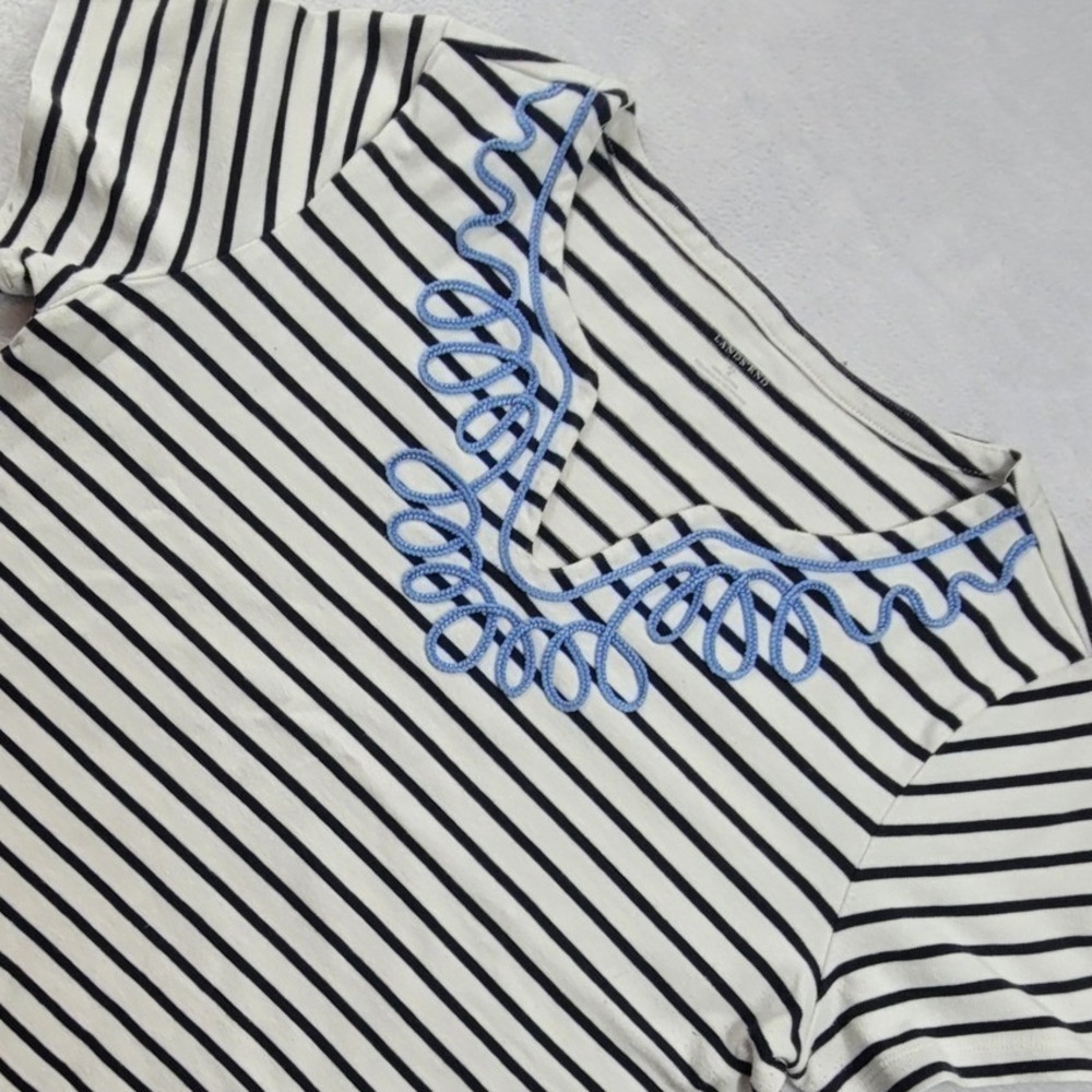 Lands End Womens XL Striped V-Neck Top Blue Soutache Trim Short Sleeve Cotton